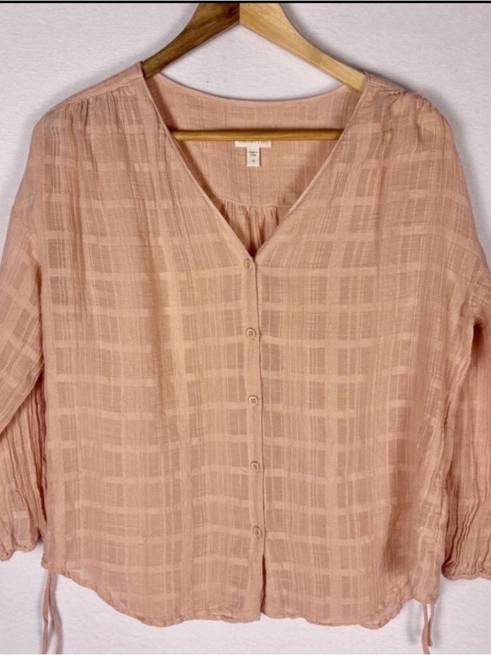 Garnet Hill Tie Sleeve V-Neck Blouse Pink Sheer Cottagecore Peasant - Picture 2 of 6